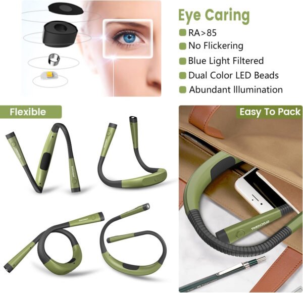 Glocusent - Luz de lectura para el cuello, 3 colores, 6 niveles de brillo, brazos flexibles, recargable, larga duración, perfecta para leer en la cama, tejer, camping y reparación - Imagen 28