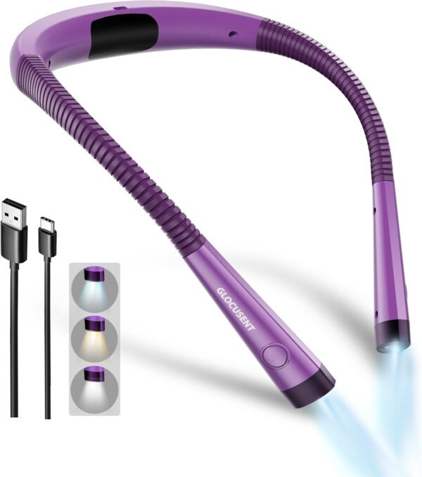 Glocusent - Luz de lectura para el cuello, 3 colores, 6 niveles de brillo, brazos flexibles, recargable, larga duración, perfecta para leer en la cama, tejer, camping y reparación - Imagen 31