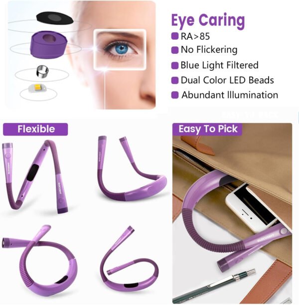 Glocusent - Luz de lectura para el cuello, 3 colores, 6 niveles de brillo, brazos flexibles, recargable, larga duración, perfecta para leer en la cama, tejer, camping y reparación - Imagen 34