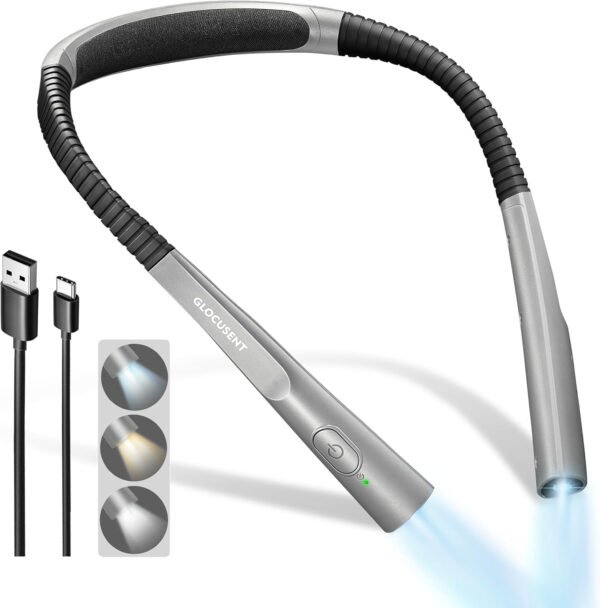 Glocusent - Luz de lectura para el cuello, 3 colores, 6 niveles de brillo, brazos flexibles, recargable, larga duración, perfecta para leer en la cama, tejer, camping y reparación - Imagen 37