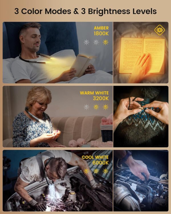 Glocusent - Luz de lectura para el cuello, 3 colores, 6 niveles de brillo, brazos flexibles, recargable, larga duración, perfecta para leer en la cama, tejer, camping y reparación - Imagen 39