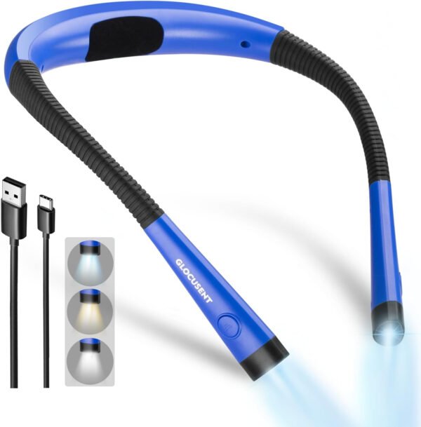 Glocusent - Luz de lectura para el cuello, 3 colores, 6 niveles de brillo, brazos flexibles, recargable, larga duración, perfecta para leer en la cama, tejer, camping y reparación - Imagen 43