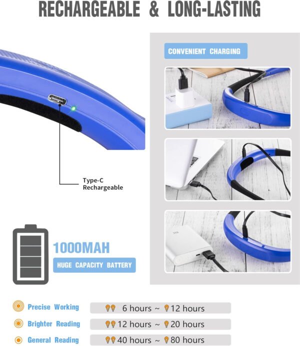 Glocusent - Luz de lectura para el cuello, 3 colores, 6 niveles de brillo, brazos flexibles, recargable, larga duración, perfecta para leer en la cama, tejer, camping y reparación - Imagen 45
