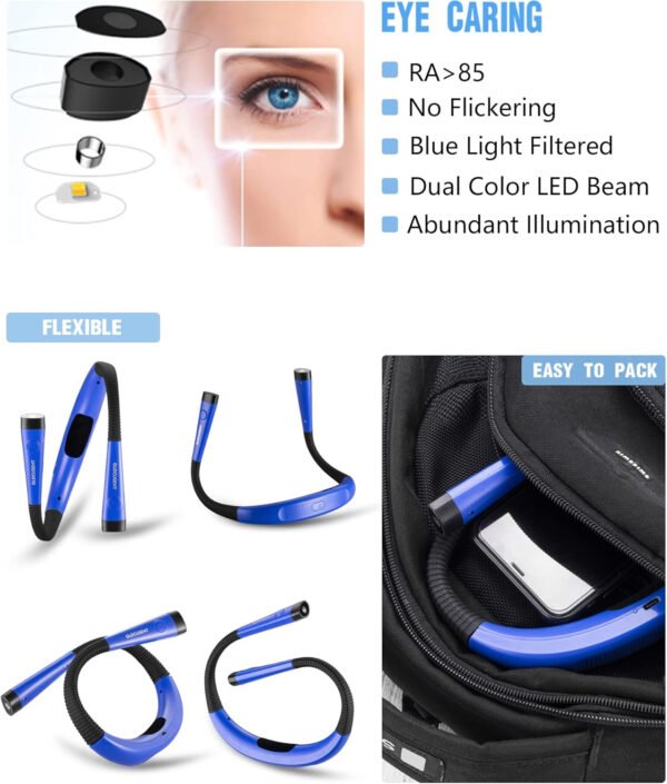 Glocusent - Luz de lectura para el cuello, 3 colores, 6 niveles de brillo, brazos flexibles, recargable, larga duración, perfecta para leer en la cama, tejer, camping y reparación - Imagen 46
