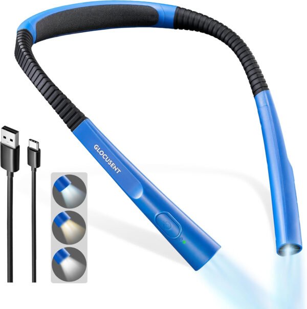 Glocusent - Luz de lectura para el cuello, 3 colores, 6 niveles de brillo, brazos flexibles, recargable, larga duración, perfecta para leer en la cama, tejer, camping y reparación - Imagen 49