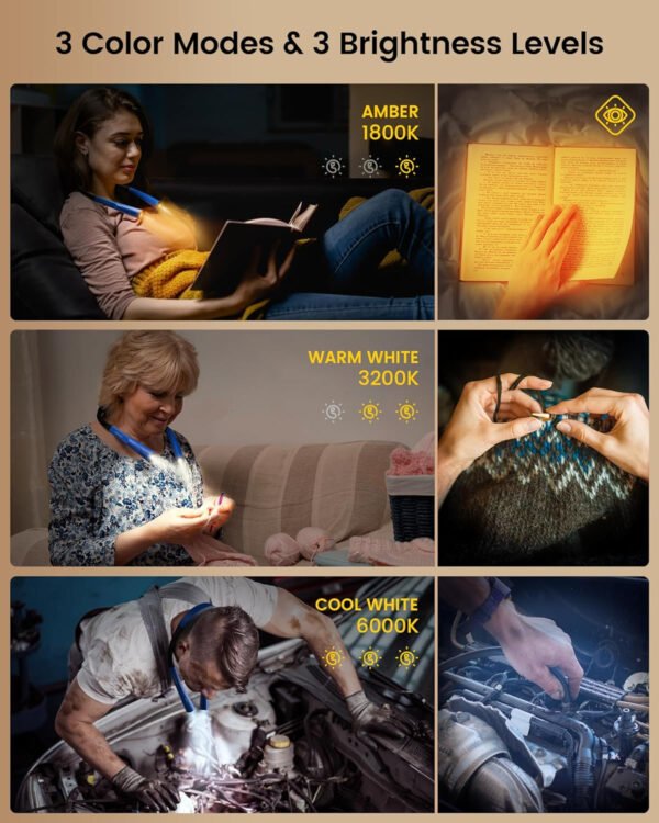 Glocusent - Luz de lectura para el cuello, 3 colores, 6 niveles de brillo, brazos flexibles, recargable, larga duración, perfecta para leer en la cama, tejer, camping y reparación - Imagen 51