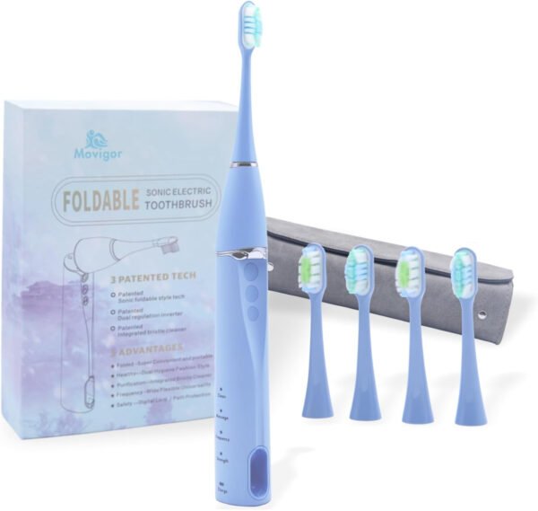 Cepillo de dientes eléctrico plegable para adultos – Desinfectación UV dual, 272 modos sónicos, USB-C recargable, 4 cabezales de cepillo, funda de viaje de cuero, cepillo de dientes azul
