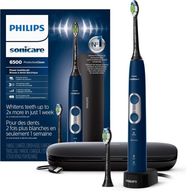 Philips Sonicare HX6877/21 ProtectiveClean 6100 Cepillo de dientes eléctrico recargable, Con funda de viaje de carga y cabezal de cepillo para polvo adicional., Azul marino