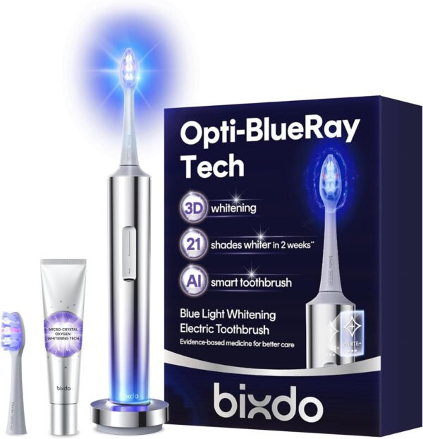Cepillo de dientes eléctrico blanqueador para adultos, tecnología profesional de luz azul de blanqueamiento de 460 nm, limpieza sónico y oscilante de 31,000 VPM con sensor inteligente de