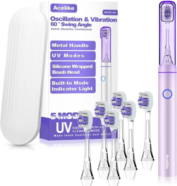 Cepillo de dientes eléctrico de metal con modo UV, vibración y oscilación, cepillo de dientes eléctrico para adultos, 6 cabezales de cepillo, estuche de viaje y cubierta antipolvo, 5 modos y