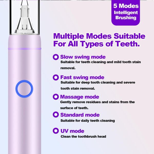 Cepillo de dientes eléctrico de metal con modo UV, vibración y oscilación, cepillo de dientes eléctrico para adultos, 6 cabezales de cepillo, estuche de viaje y cubierta antipolvo, 5 modos y - Imagen 3