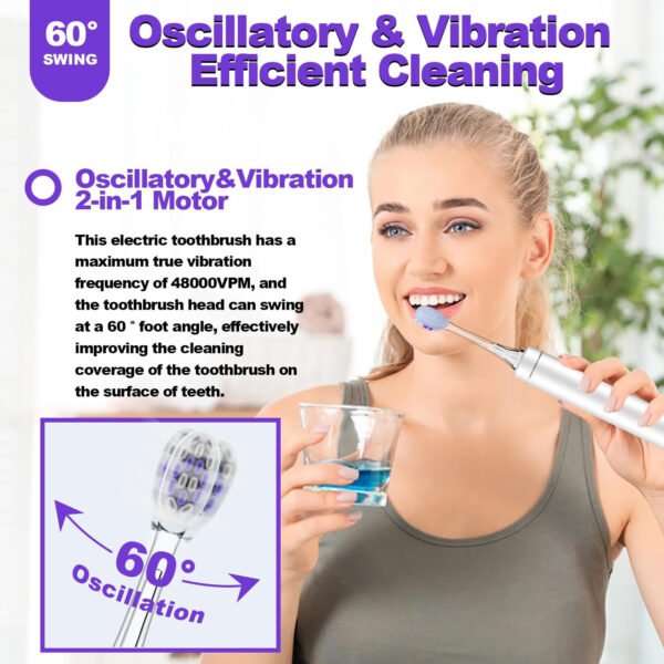 Cepillo de dientes eléctrico de metal con modo UV, vibración y oscilación, cepillo de dientes eléctrico para adultos, 6 cabezales de cepillo, estuche de viaje y cubierta antipolvo, 5 modos y - Imagen 11