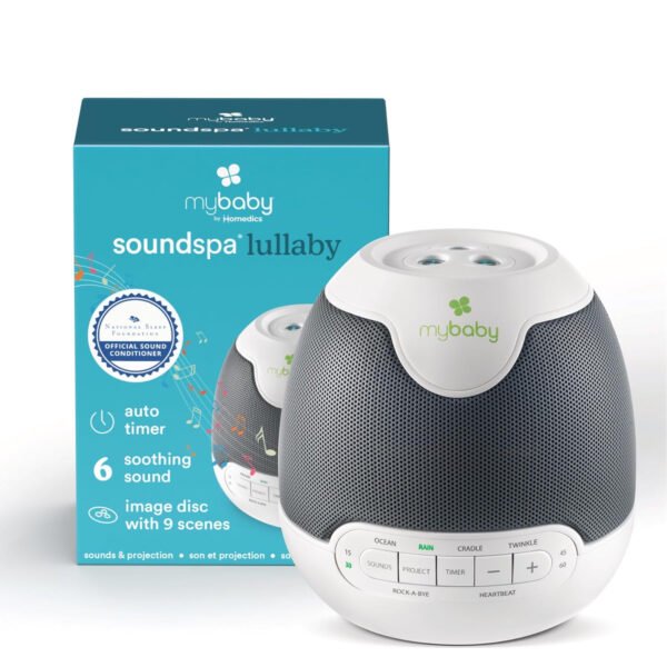 Sonidos y proyector SoundSpa Lullaby de myBaby. Reproduce 6 sonidos y nanas, funciona con proyector de imágenes, temporizador de auto apagado perfecto para la siesta. Operado por adaptador. MYB-S305