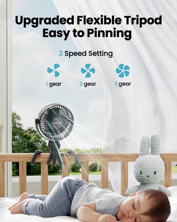 Gaiatop Mini ventilador portátil para cochecito, funciona con pilas, pequeño clip, desmontable de 3 velocidades recargable, gira 360°, trípode flexible de mejor refrigeración para asiento de - Imagen 5