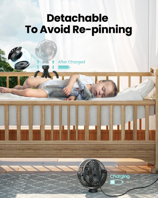 Gaiatop Mini ventilador portátil para cochecito, funciona con pilas, pequeño clip, desmontable de 3 velocidades recargable, gira 360°, trípode flexible de mejor refrigeración para asiento de - Imagen 6
