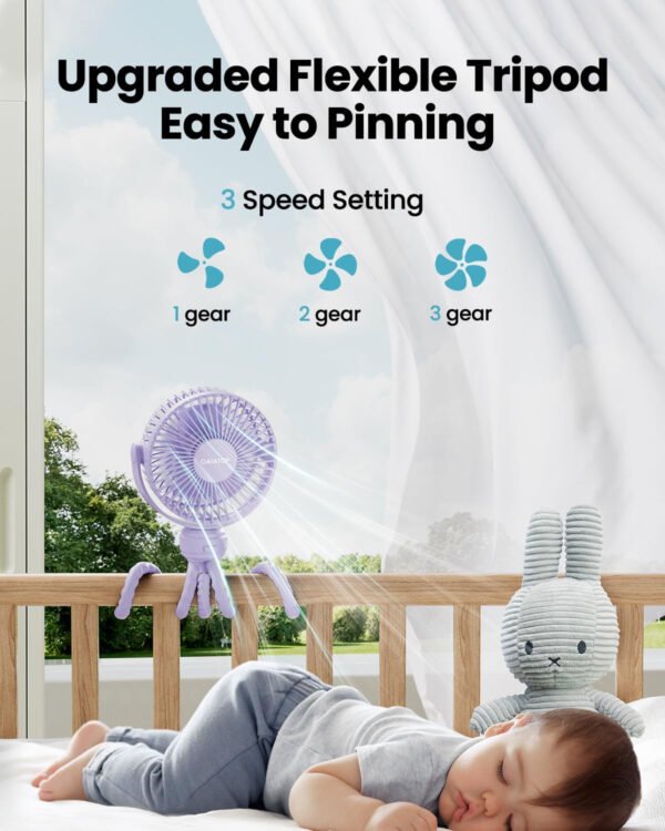 Gaiatop Mini ventilador portátil para cochecito, funciona con pilas, pequeño clip, desmontable de 3 velocidades recargable, gira 360°, trípode flexible de mejor refrigeración para asiento de - Imagen 12