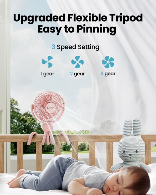 Gaiatop Mini ventilador portátil para cochecito, funciona con pilas, pequeño clip, desmontable de 3 velocidades recargable, gira 360°, trípode flexible de mejor refrigeración para asiento de - Imagen 19