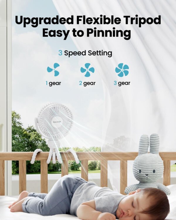 Gaiatop Mini ventilador portátil para cochecito, funciona con pilas, pequeño clip, desmontable de 3 velocidades recargable, gira 360°, trípode flexible de mejor refrigeración para asiento de - Imagen 26