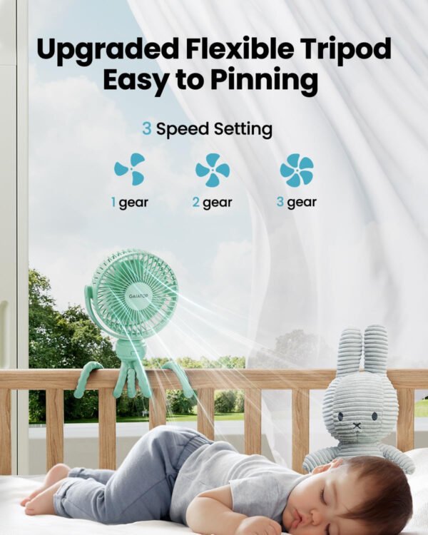 Gaiatop Mini ventilador portátil para cochecito, funciona con pilas, pequeño clip, desmontable de 3 velocidades recargable, gira 360°, trípode flexible de mejor refrigeración para asiento de - Imagen 40
