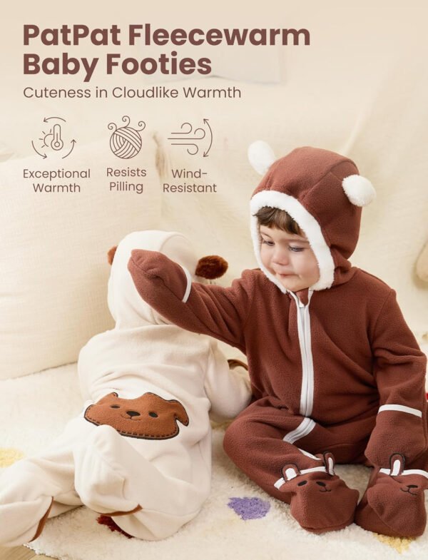 PATPAT Mameluco de forro polar con capucha para bebé, bonito atuendo para niños y niñas, cremallera de 2 vías, ropa para bebés recién nacidos, ropa de abrigo - Imagen 2