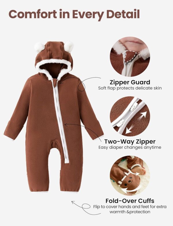 PATPAT Mameluco de forro polar con capucha para bebé, bonito atuendo para niños y niñas, cremallera de 2 vías, ropa para bebés recién nacidos, ropa de abrigo - Imagen 5