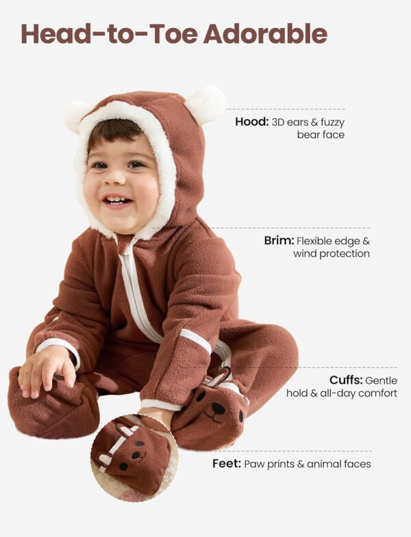 PATPAT Mameluco de forro polar con capucha para bebé, bonito atuendo para niños y niñas, cremallera de 2 vías, ropa para bebés recién nacidos, ropa de abrigo - Imagen 6