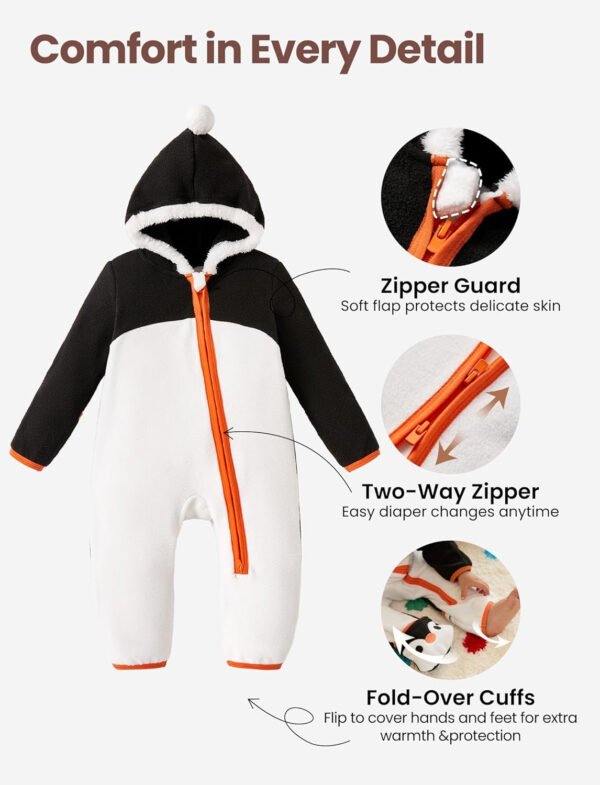 PATPAT Mameluco de forro polar con capucha para bebé, bonito atuendo para niños y niñas, cremallera de 2 vías, ropa para bebés recién nacidos, ropa de abrigo - Imagen 12