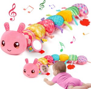 Juguetes para niñas de 0 a 6 meses, juguete de oruga de peluche para bebés de 0 a 3, 3 a 6 meses, con espejo, sonajero arrugado, tiempo boca abajo, juguetes sensoriales para 3, 4, 5, 6 a 12 meses