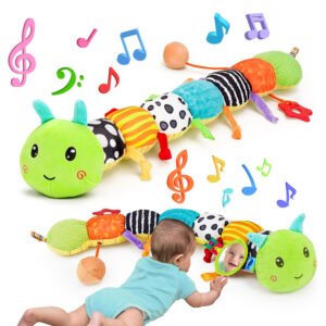 Juguete sensorial para bebé de 0 a 6 meses, animal musical de peluche, oruga, juguete de peluche para bebés de 0 a 3 a 6 meses, tiempo boca abajo con espejo de bebé, sonajero arrugado para asiento de