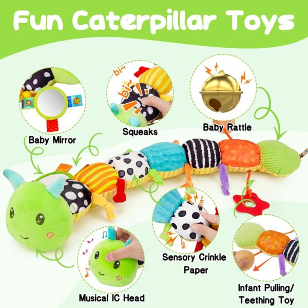 Juguete sensorial para bebé de 0 a 6 meses, animal musical de peluche, oruga, juguete de peluche para bebés de 0 a 3 a 6 meses, tiempo boca abajo con espejo de bebé, sonajero arrugado para asiento de - Imagen 4