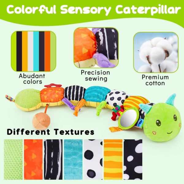 Juguete sensorial para bebé de 0 a 6 meses, animal musical de peluche, oruga, juguete de peluche para bebés de 0 a 3 a 6 meses, tiempo boca abajo con espejo de bebé, sonajero arrugado para asiento de - Imagen 5