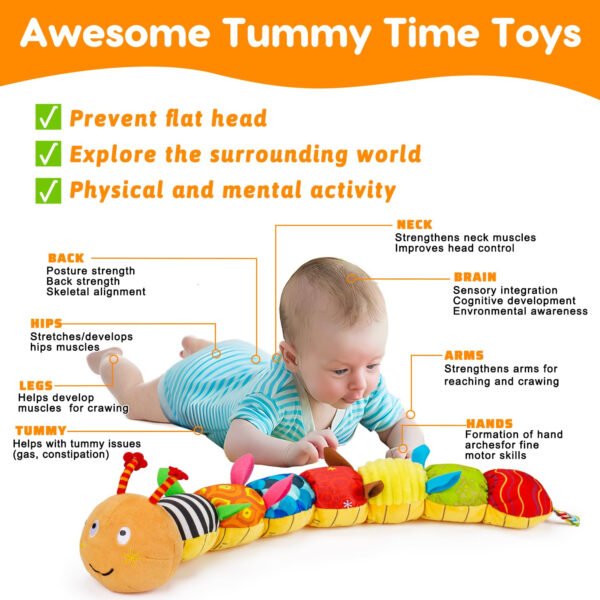 Juguete sensorial para bebé de 0 a 6 meses, animal musical de peluche, oruga, juguete de peluche para bebés de 0 a 3 a 6 meses, tiempo boca abajo con espejo de bebé, sonajero arrugado para asiento de - Imagen 9