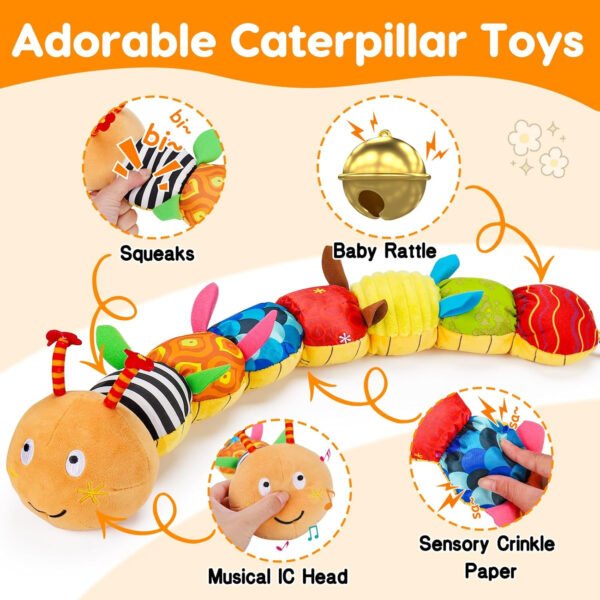 Juguete sensorial para bebé de 0 a 6 meses, animal musical de peluche, oruga, juguete de peluche para bebés de 0 a 3 a 6 meses, tiempo boca abajo con espejo de bebé, sonajero arrugado para asiento de - Imagen 10