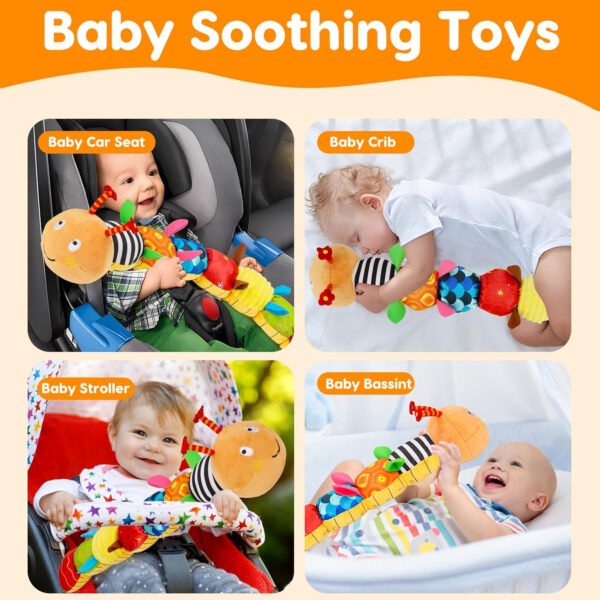Juguete sensorial para bebé de 0 a 6 meses, animal musical de peluche, oruga, juguete de peluche para bebés de 0 a 3 a 6 meses, tiempo boca abajo con espejo de bebé, sonajero arrugado para asiento de - Imagen 13