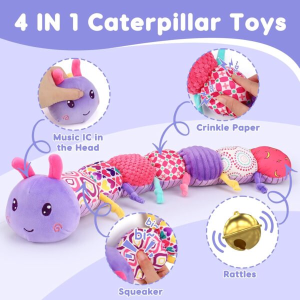 Juguete sensorial para bebé de 0 a 6 meses, animal musical de peluche, oruga, juguete de peluche para bebés de 0 a 3 a 6 meses, tiempo boca abajo con espejo de bebé, sonajero arrugado para asiento de - Imagen 15