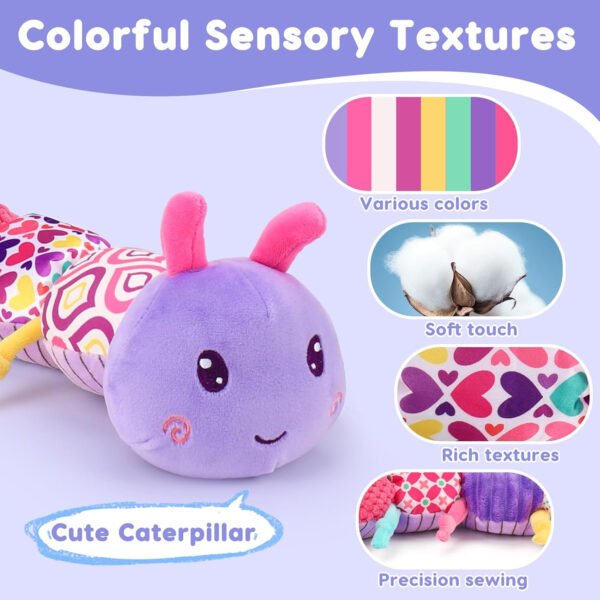 Juguete sensorial para bebé de 0 a 6 meses, animal musical de peluche, oruga, juguete de peluche para bebés de 0 a 3 a 6 meses, tiempo boca abajo con espejo de bebé, sonajero arrugado para asiento de - Imagen 16