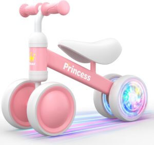 Bekilole Bicicleta de equilibrio para bebés con ruedas iluminadas, regalos para niñas de 1 año y regalo de primer cumpleaños, juguetes de paseo para niñas de un año, caminantes pequeños, rosa princesa