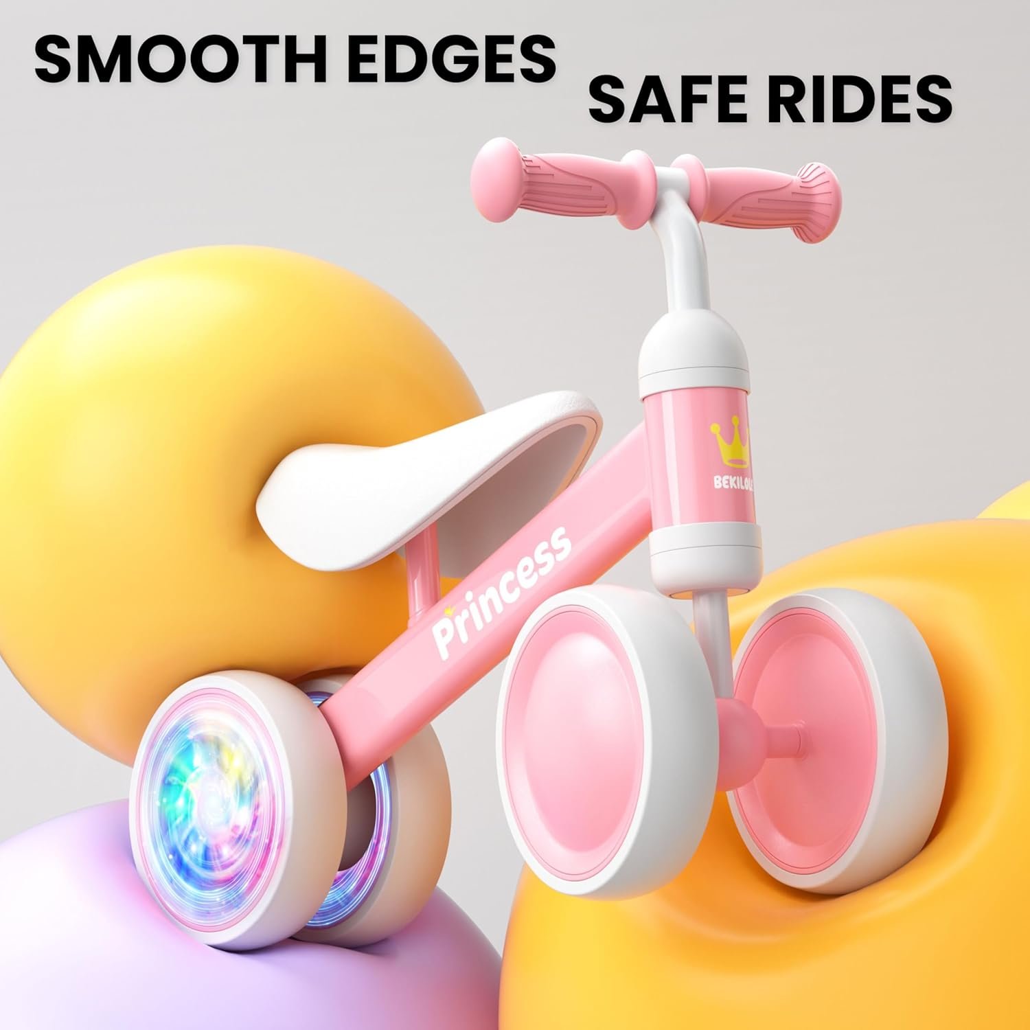 Bekilole Bicicleta de equilibrio para bebés con ruedas iluminadas, regalos para niñas de 1 año y regalo de primer cumpleaños, juguetes de paseo para niñas de un año, caminantes pequeños, rosa princesa - Imagen 3