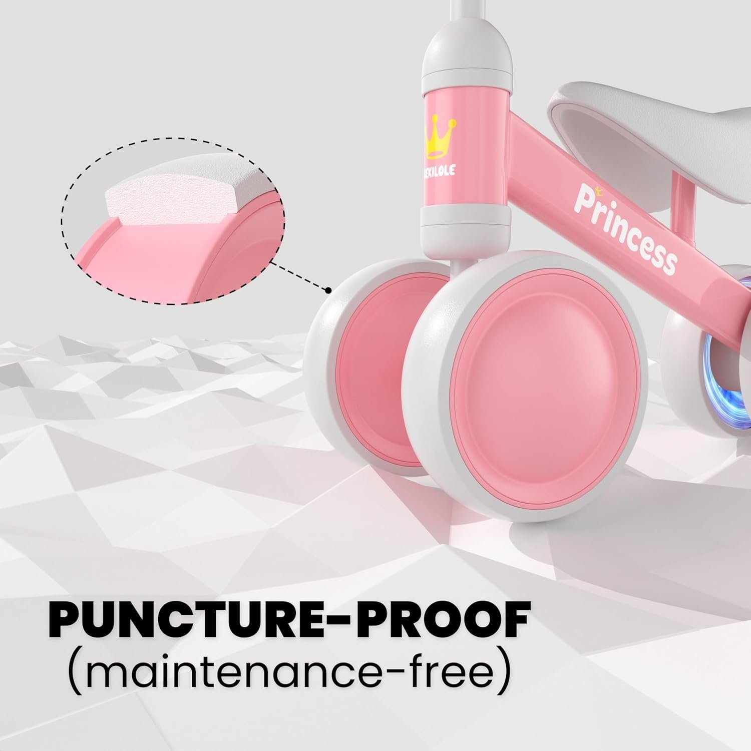 Bekilole Bicicleta de equilibrio para bebés con ruedas iluminadas, regalos para niñas de 1 año y regalo de primer cumpleaños, juguetes de paseo para niñas de un año, caminantes pequeños, rosa princesa - Imagen 4