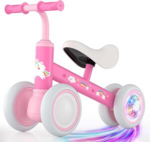 Lilian&Gema Colorful Lighting - Bicicleta de equilibrio para bebés de 1 año, bicicleta de equilibrio para niños de 12 a 24 meses, sin pedales, 4 ruedas con asiento suave, primera bicicleta para niños