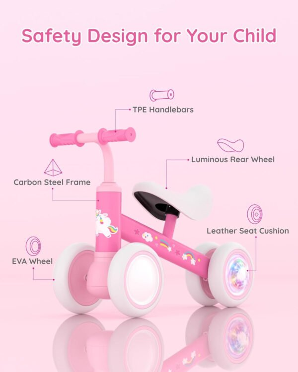Lilian&Gema Colorful Lighting - Bicicleta de equilibrio para bebés de 1 año, bicicleta de equilibrio para niños de 12 a 24 meses, sin pedales, 4 ruedas con asiento suave, primera bicicleta para niños - Imagen 3