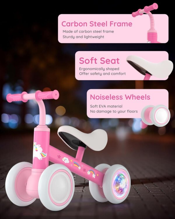 Lilian&Gema Colorful Lighting - Bicicleta de equilibrio para bebés de 1 año, bicicleta de equilibrio para niños de 12 a 24 meses, sin pedales, 4 ruedas con asiento suave, primera bicicleta para niños - Imagen 4