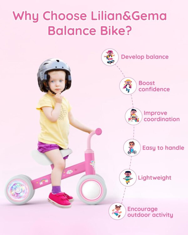 Lilian&Gema Colorful Lighting - Bicicleta de equilibrio para bebés de 1 año, bicicleta de equilibrio para niños de 12 a 24 meses, sin pedales, 4 ruedas con asiento suave, primera bicicleta para niños - Imagen 8