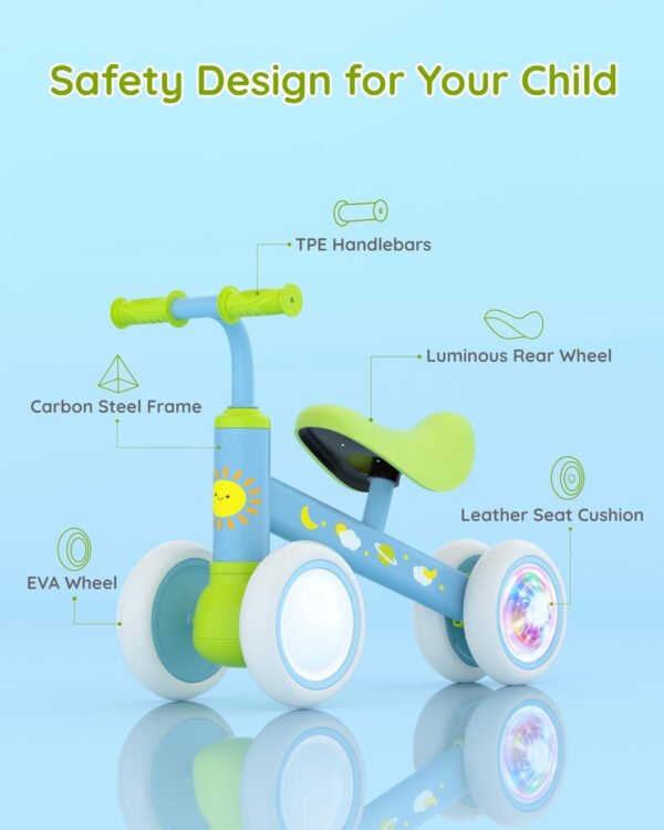 Lilian&Gema Colorful Lighting - Bicicleta de equilibrio para bebés de 1 año, bicicleta de equilibrio para niños de 12 a 24 meses, sin pedales, 4 ruedas con asiento suave, primera bicicleta para niños - Imagen 12
