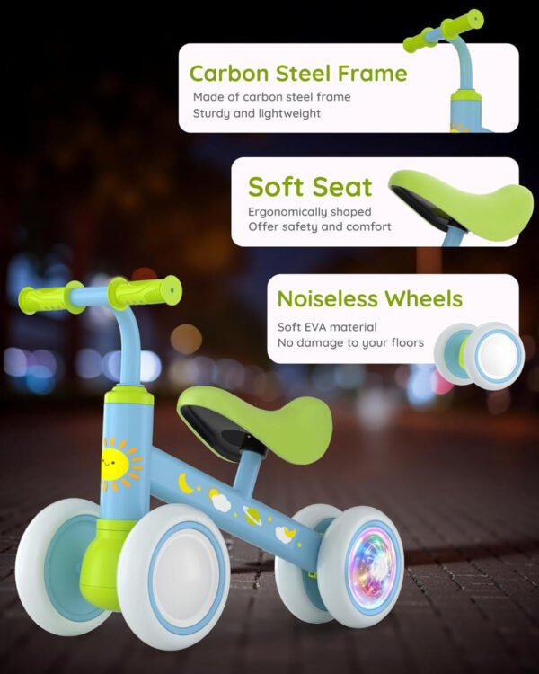 Lilian&Gema Colorful Lighting - Bicicleta de equilibrio para bebés de 1 año, bicicleta de equilibrio para niños de 12 a 24 meses, sin pedales, 4 ruedas con asiento suave, primera bicicleta para niños - Imagen 13