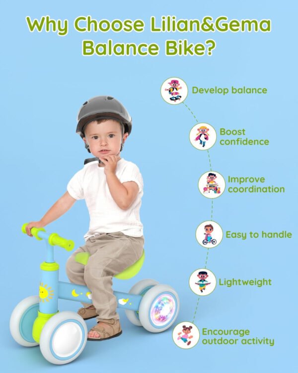 Lilian&Gema Colorful Lighting - Bicicleta de equilibrio para bebés de 1 año, bicicleta de equilibrio para niños de 12 a 24 meses, sin pedales, 4 ruedas con asiento suave, primera bicicleta para niños - Imagen 17
