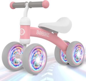 Bicicleta de equilibrio de 4 ruedas y sin pedales para bebés, niños y niñas de 12 a 36 meses, regalo de primer cumpleaños para caminante principiante (colorida, rosa claro)
