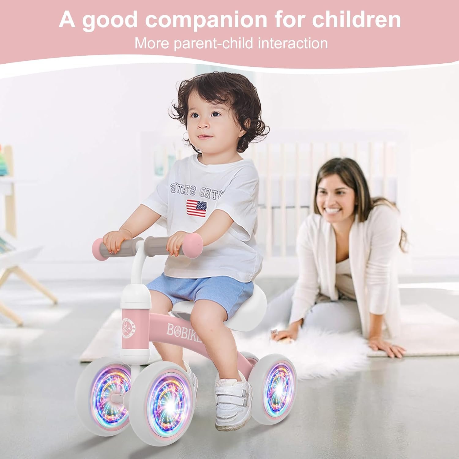 Bicicleta de equilibrio de 4 ruedas y sin pedales para bebés, niños y niñas de 12 a 36 meses, regalo de primer cumpleaños para caminante principiante (colorida, rosa claro) - Imagen 3