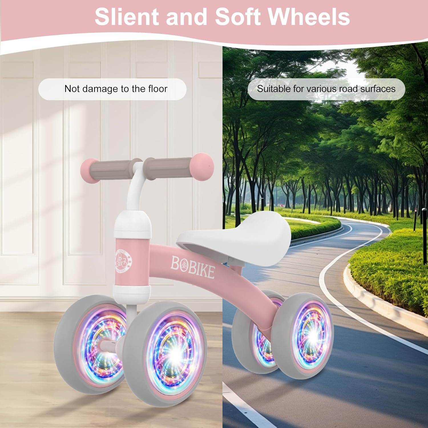 Bicicleta de equilibrio de 4 ruedas y sin pedales para bebés, niños y niñas de 12 a 36 meses, regalo de primer cumpleaños para caminante principiante (colorida, rosa claro) - Imagen 5