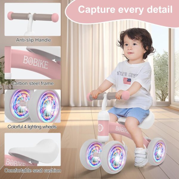 Bicicleta de equilibrio de 4 ruedas y sin pedales para bebés, niños y niñas de 12 a 36 meses, regalo de primer cumpleaños para caminante principiante (colorida, rosa claro) - Imagen 6